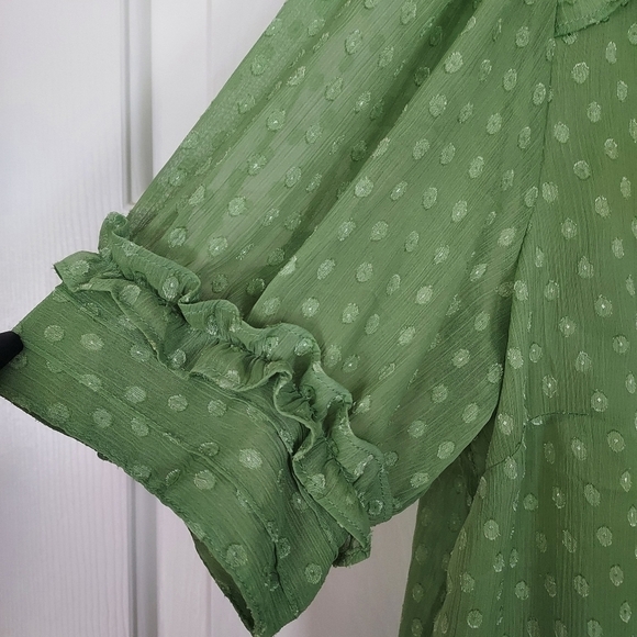 George designs by mark eisen women's sheer green top blouse w/ruffels size M. - Picture 3 of 5